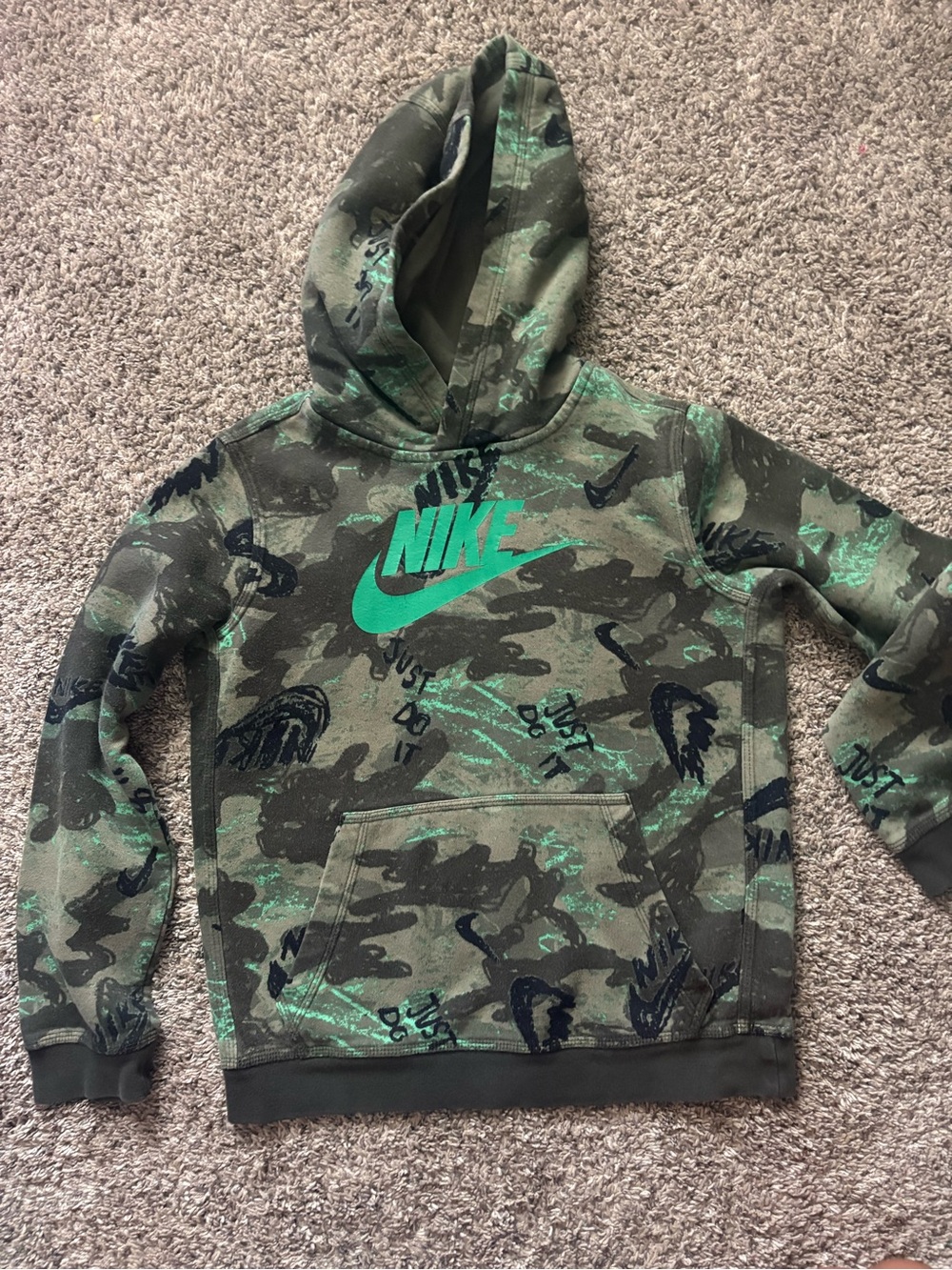 Nike Youth Green Camo Pullover Hoodie with Teal Logo